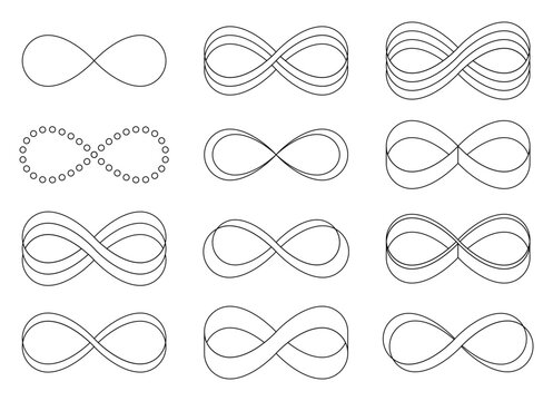 Vector infinity icons. The symbol of the unlimited in mathematics, space. Set, collection of different lines of shapes. Black geometric elements on a white background. Stock thin illustration