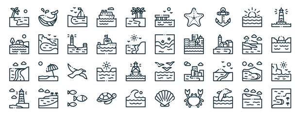 set of 40 outline web coastline icons such as whale, coastline, coastal road, lighthouse, bay, lighthouse, wharves icons for report, presentation, diagram, web design, mobile app - obrazy, fototapety, plakaty