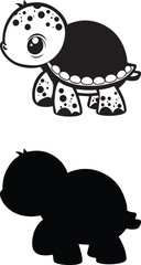 Cute Baby Turtle in Silhouette and Vector Illustration