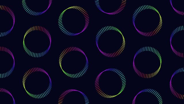 Vibrant circles arranged in a spiral pattern create an eye catching and dynamic seamless pattern on a black background. Perfect for various design purposes