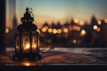 Ramadan celebration with lantern and mosque in the background. Generative AI - obrazy, fototapety, plakaty