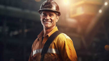 smiling professional heavy industry worker in a protective uniform and hard hat. Dispersed large industrial plant