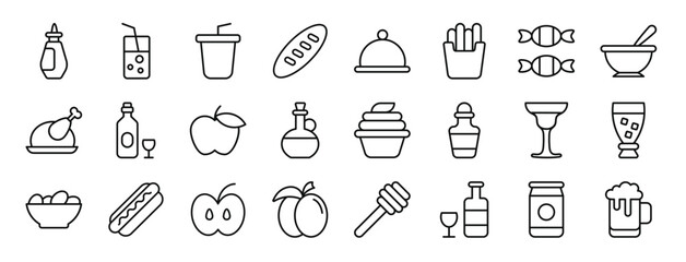 set of 24 outline web food icons such as ketchup, beverage, soft drink, , food, fries, candy vector icons for report, presentation, diagram, web design, mobile app