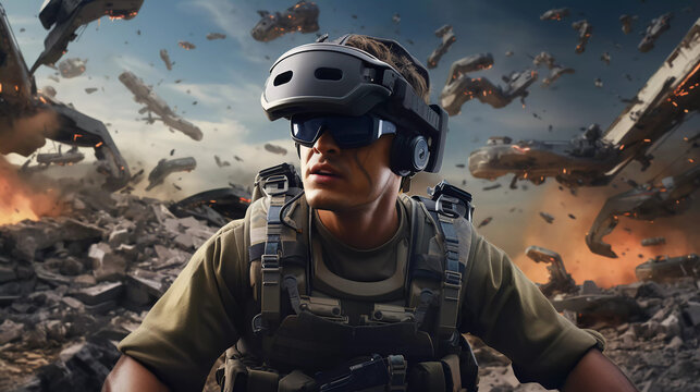 Soldier with vr glasses using a drone