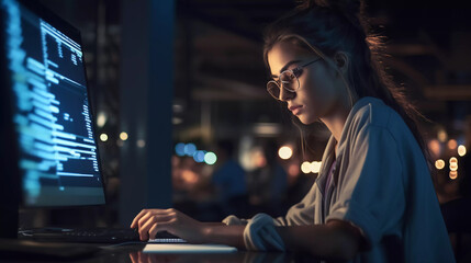 Young girl programmer writing code on the keyboard, in the office space at night