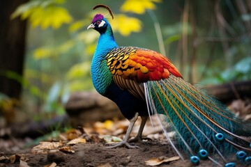 Vibrant pheasant flaunting colorful feathers amidst wooded clearing. Generative AI