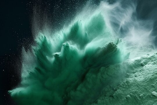 Abstract background with green and silver powder explosion. Colored sand dust texture. Generative AI