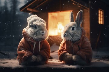 Two rabbits in cozy outfits sit together amidst snowy scenery with twinkling lights and a serene forest. Generative AI
