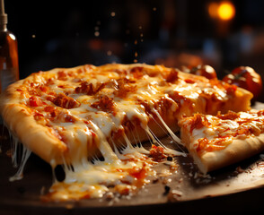 Image of an appetizing slice of pizza in the kitchen with stretchy cheese on a dark background