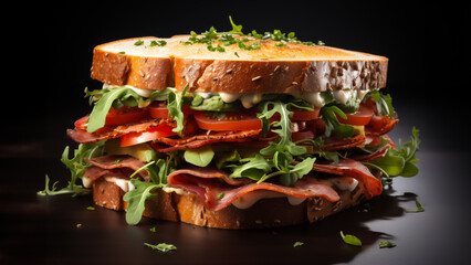 Image of a huge tasty, appetizing sandwich on a black background - obrazy, fototapety, plakaty