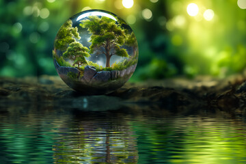 Image of a tree in a glass ball over water as a symbol of ecology and environmental protection