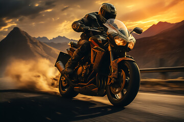 Image of a motorcyclist on a motorcycle in motion on the road in the evening