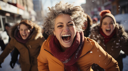 A cheerful group of friends enjoying winter city life together. - obrazy, fototapety, plakaty