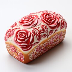 A loaf of roses. beautiful flower-painted loaf of bread. Festive ciabatta.Painted bread with flower pattern
