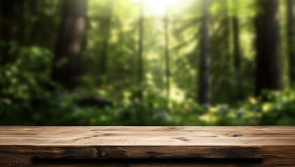 Empty rustic old wooden boards table copy space with blurred calm forest background. Product display template. Generative AI