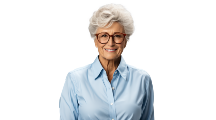 Portrait of smiling elderly woman with glasses .Transparent background cutout