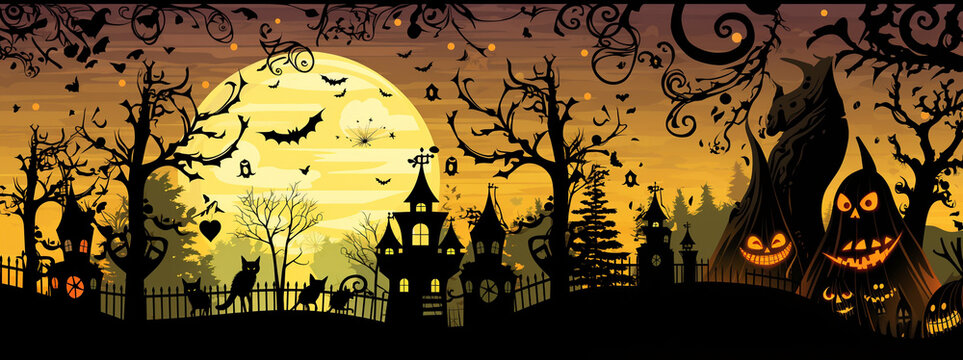 Old cemetery halloween background. Scary trees, bats, tombstones and crow,pumpkins, moon