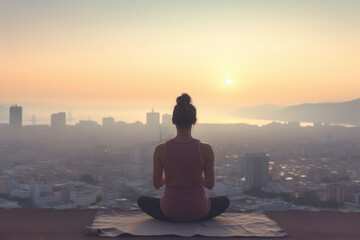 a young woman meditating on a hill, looking out over the city at dawn, to improve focus.