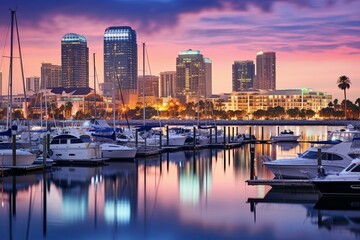 Fototapeta na wymiar Cityscape on the bay at dusk in St. Pete, Florida, USA. Generative AI