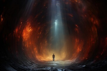  Religious biblical concept of human death, soul goes to purgatory, road to heaven, light at the end of the tunnel, road to god, life and death, heaven, heaven and hell - obrazy, fototapety, plakaty