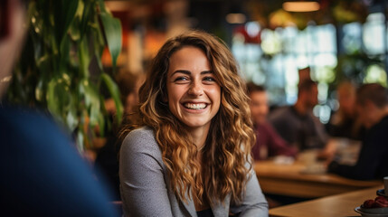 portrait of a young female student in an office cafeteria - obrazy, fototapety, plakaty