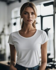 Woman taking a photo in the studio in a white t-shirt