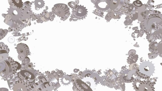A lot of sprockets gears in motion form a frame on a white background. A lot of sprockets of drive roller chains in motion on a white background. 4K seamless looping videos