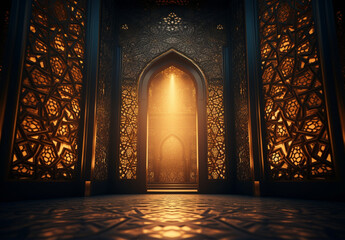 Islamic mosque interior with arabic traditional ornament - obrazy, fototapety, plakaty