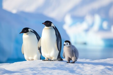 A penguin family walking together in icy glaciers. Generative AI