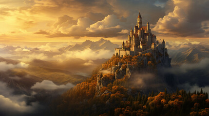 Old fairytale castle on the hill. Fantasy landscape illustration. sunrise over the forest