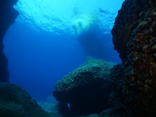 Fototapeta na wymiar underwater in cave beautiful light scenery in ocean scuba divers to see in cave backgrounds