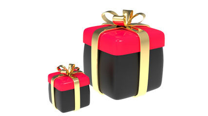 Red wblack Box with golden ribbon and bow isolated 3d render illustration