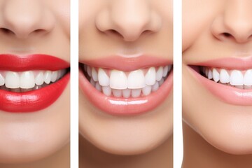 Collage of closeups of smile with white healthy teeth. Dental clinic  - obrazy, fototapety, plakaty