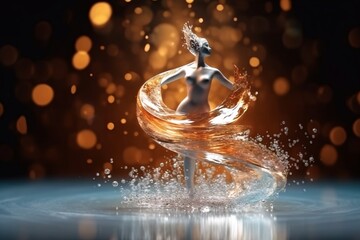 Beautiful female ballerina dancing on stage with golden lights.