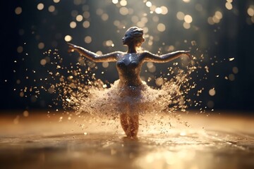 Beautiful female ballerina dancing on stage with golden lights. - obrazy, fototapety, plakaty