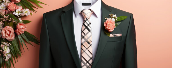 men's wedding suit with white shirt, tie, flower, close-up
