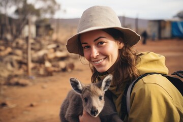 Authentic portrait of a young female volunteer holding a baby kangaroo in her arms. Australian veterinarian takes care of animals in a nature reserve - obrazy, fototapety, plakaty