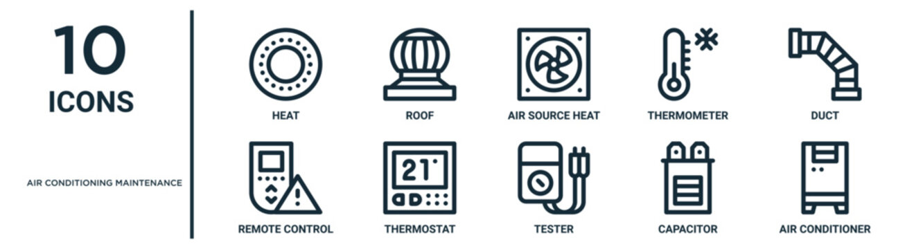 Air Conditioning Maintenance Outline Icon Set Such As Thin Line Heat, Air Source Heat Pump, Duct, Thermostat, Capacitor, Air Conditioner, Remote Control Icons For Report, Presentation, Diagram, Web