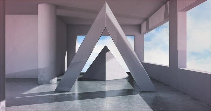 Gray abstract space with triangle columns in 3D.