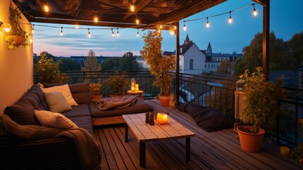 View over cozy outdoor terrace with outdoor string lights