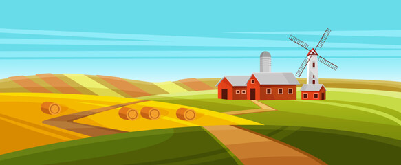Farm house with windmill in village landscape vector illustration. Cartoon red barn, silo tower and wind power generator, rural road to farmhouse buildings, path through green and yellow hills © Flash Vector