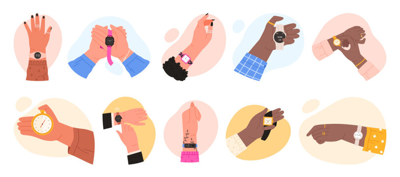 Hands with wrist watch set vector illustration. Cartoon isolated arm or fist of person with digital and analogue wristwatch collection, people check and control appointment time with chronometer