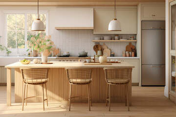 Earthy Scandinavian Style Modern Kitchen with Floral Arrangement on The Dining Table, Designed with Wood Island and Three Counter Stools