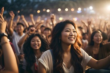 People enjoying an outdoor concert with an asian woman cheering and smiling