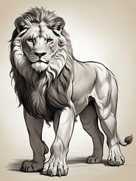 Lion Illustration Sketch Realistic Portrait On white Background, Ancient Watercolor Painted Lion Blank Background, Black and White, Muscles Lion art poster wallpaper background