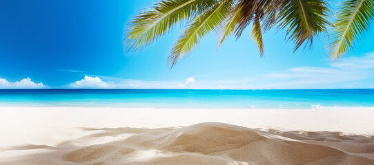 Fototapeta na wymiar Tropical beach with fine sand, some palms near, calm sea with clear sky above. Empty copy space template for vacation or holiday product. Generative AI