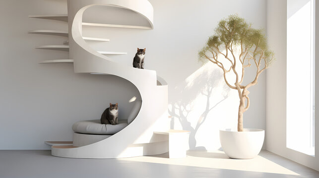 Cat Tree in a Minimalist Modern Interior Setting - White room