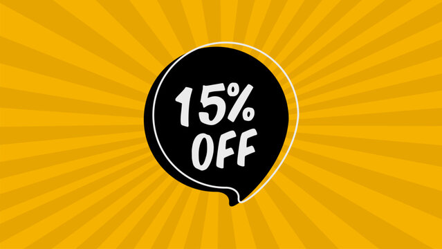 15% discount. Banner with special sale with percentage discount on black balloon and yellow background. OOF04