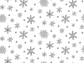 Endless pattern of gray snowflakes on white. Winter seasonal holiday background. Design element for textile wrapping paper cover print