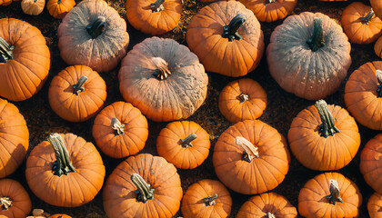 Aerial view of fall pumpkins: capturing autumnal colors and nature's bounty. Orange pumpkins during sunset, seasonal decor for Halloween, fall, autumn, or October.